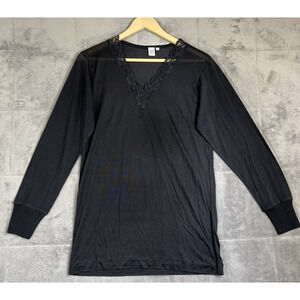 Wintersilks Base Layer Womens Large Black Silk V Neck Lace Trim Top Long Sleeve